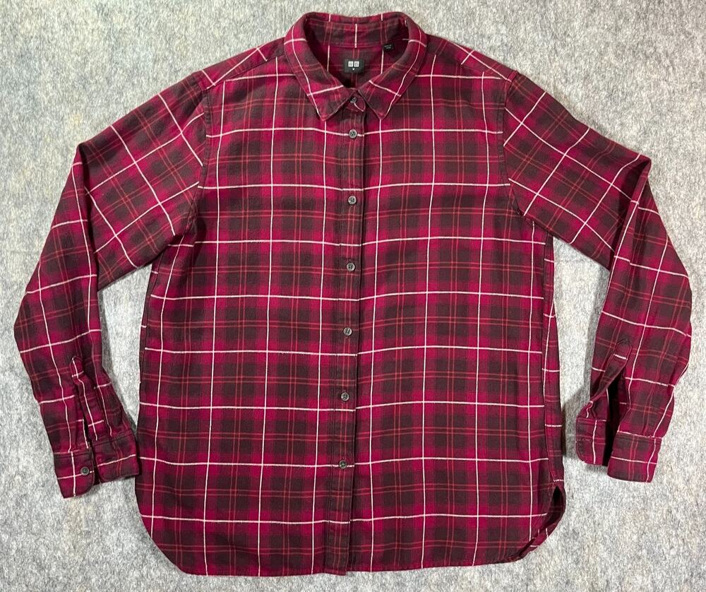 Uniqlo Plaid Flannel Button Down Shirt / Women's Medium / Burgundy Red Maroon